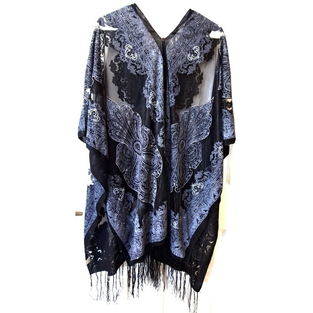 Unbranded OSFM Sheer Cover Up Fringe Black White Boho Artsy